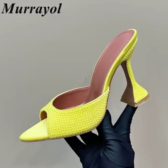 Nouveau strass décor couleur unie talons hauts pantoufles femmes bout pointu