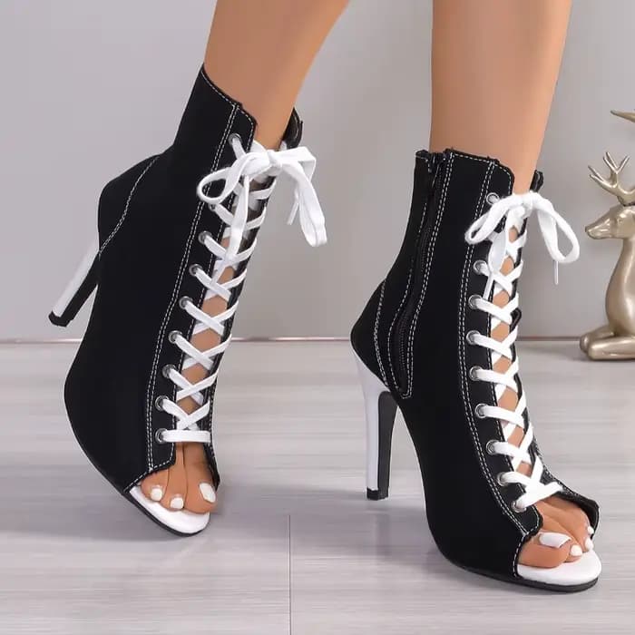 Bottines à plateforme en toile de qualité, sexy, à talon haut, à lacets et fermeture éclair, style stiletto, pour femme, bout rond, chaussures décontractées