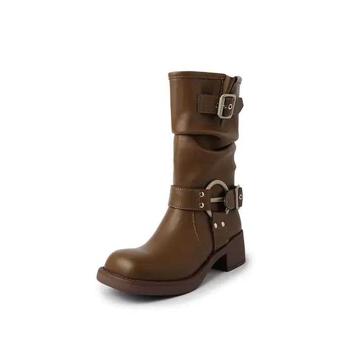 Femmes mi-mollet bottes femme boucle chaussures talon carré