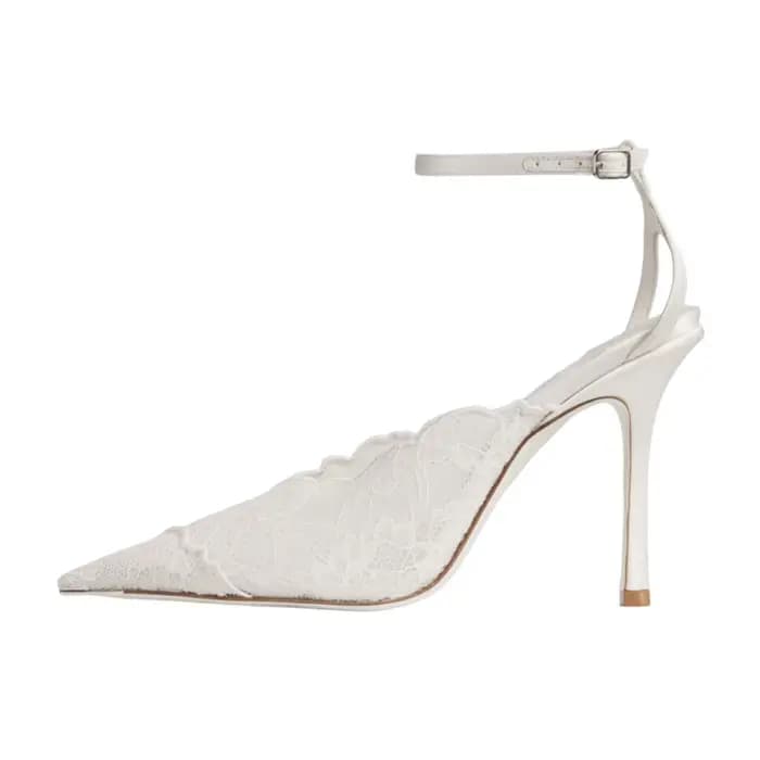 Escarpins slingback à bout pointu en dentelle brodée dorée pour femme, talons aiguilles avec bride cheville, sandales de luxe de créateur pour mariage et soirée
