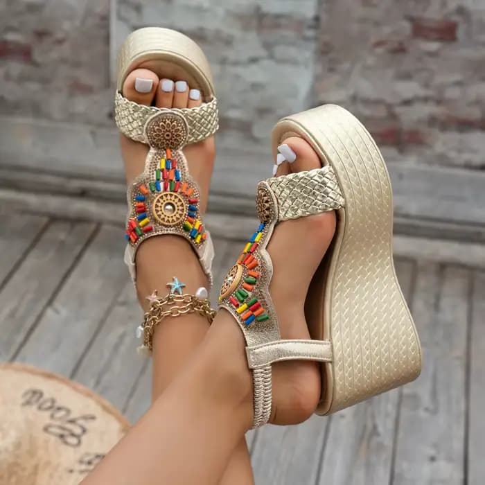 Sandales pour femmes, style bohème, sandales compensées, été, semelle épaisse, antidérapantes, chaussures de plage, sandales à plateforme chunky avec perles colorées