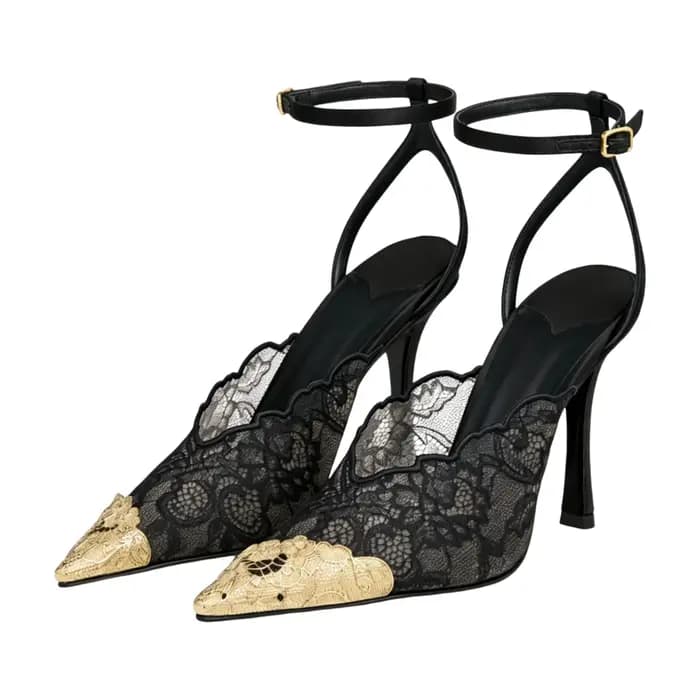 Escarpins slingback à bout pointu en dentelle brodée dorée pour femme, talons aiguilles avec bride cheville, sandales de luxe de créateur pour mariage et soirée