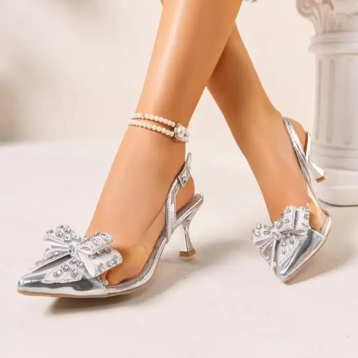 Escarpins Slingback en PVC Transparent avec Nœud en Cristal de Luxe pour Femme