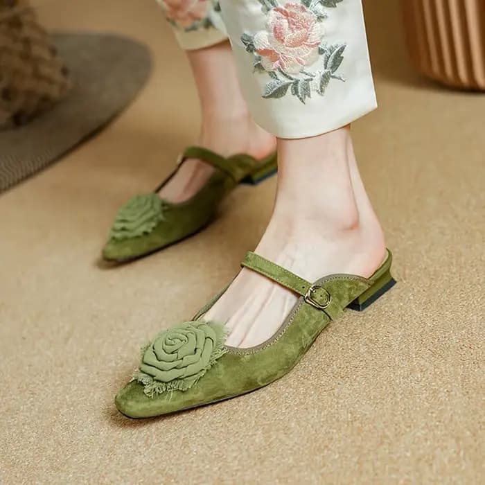 Mules d'été en daim de mouton pour femmes, chaussures en cuir, pantoufles carrées à talons bas, couverture Parker, slingback fleur, sandales vertes, nouveau