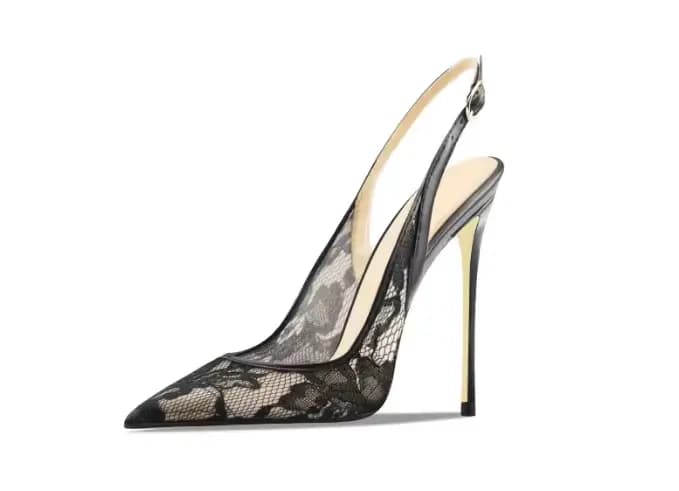 Sandales à talons hauts en dentelle noire à bout pointu