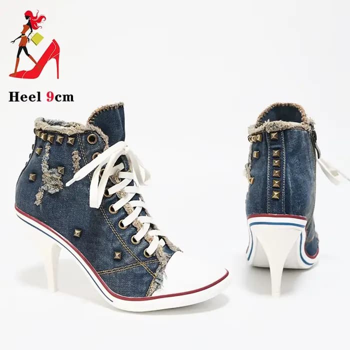 Denim femmes bottes Design Stiletto 9CM chaussures à talons hauts mode dame à lacets pointu bottines Sexy à talons hauts chaussures à talons fins