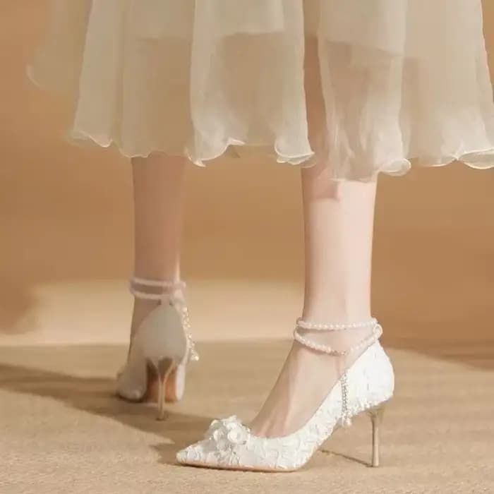 Chaussures Blanches à Talons Aiguilles et Perles pour Femme, Robe de Mariée, 2024