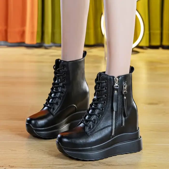 9cm plate-forme baskets à semelles compensées femmes chaussures en cuir véritable à lacets printemps automne hiver