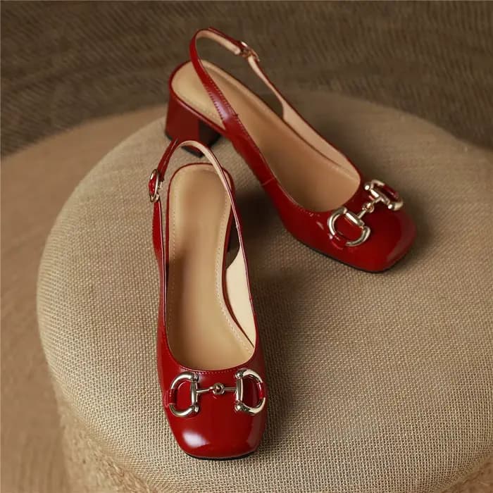 MIYA classique boucle en métal femmes en cuir verni pompes bout rond talons épais sans lacet grande taille 34-43