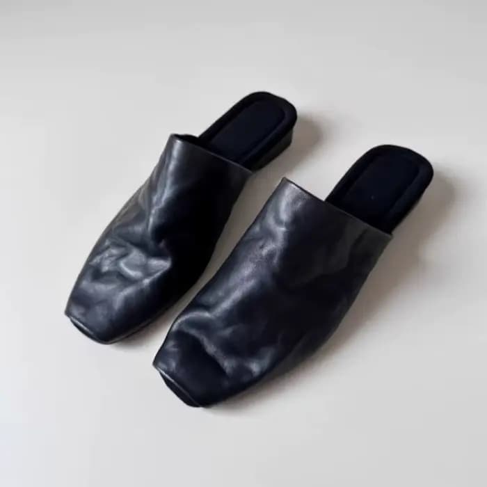 Mules pour femmes vêtements chauds femme carré bout fermé pantoufles peau de vache chaussures plates en cuir véritable