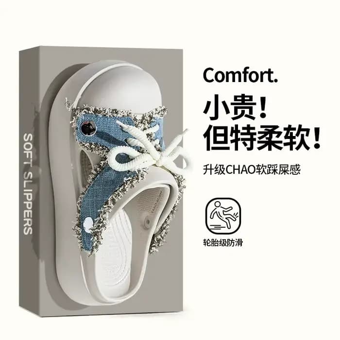 Mules à plateforme en jean tendance avec franges pour femme, sandales décontractées à lacets et bout fermé, antidérapantes en EVA, chaussures de plage à semelle épaisse