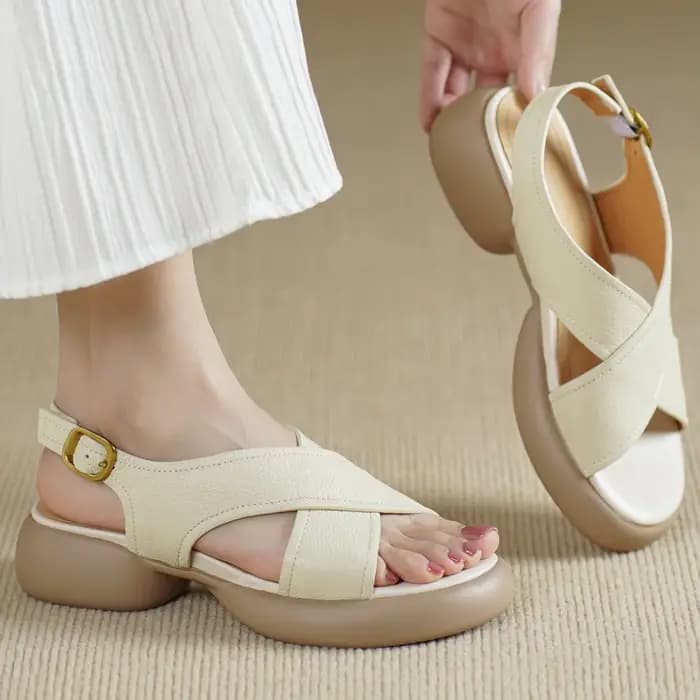 Danxuefei femmes en peau de mouton bande étroite sangle croisée semelle épaisse plate-forme sandales plates bout ouvert