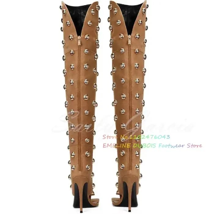 Rivets en métal doré embellissement botte à talons hauts femmes Denim bout carré talon aiguille dos fermeture éclair tongs cuissardes