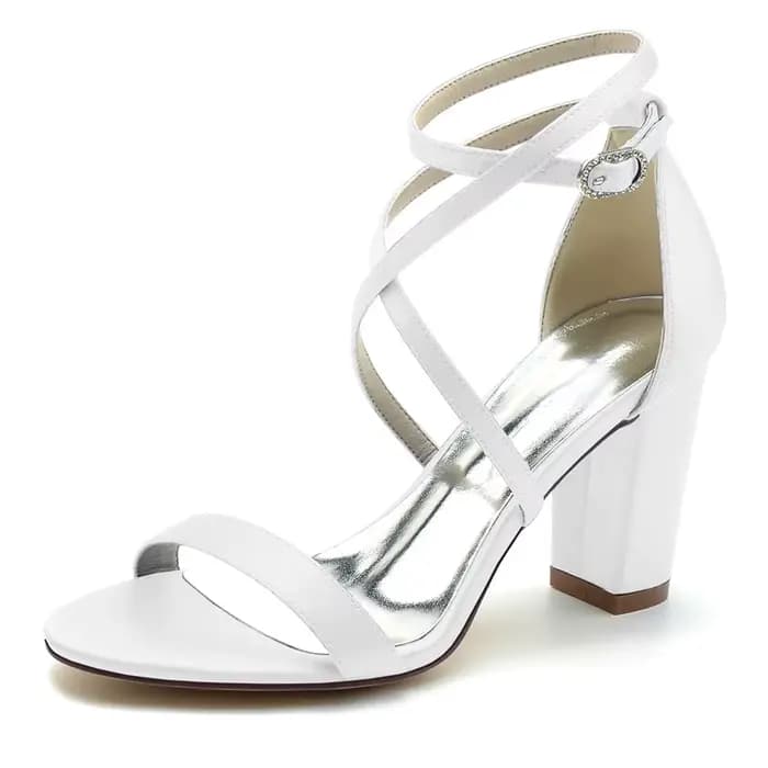 Sandales à talons en Satin pour femmes, chaussures de mariée, bout ouvert, sangle croisée, boucle, soirée, bal