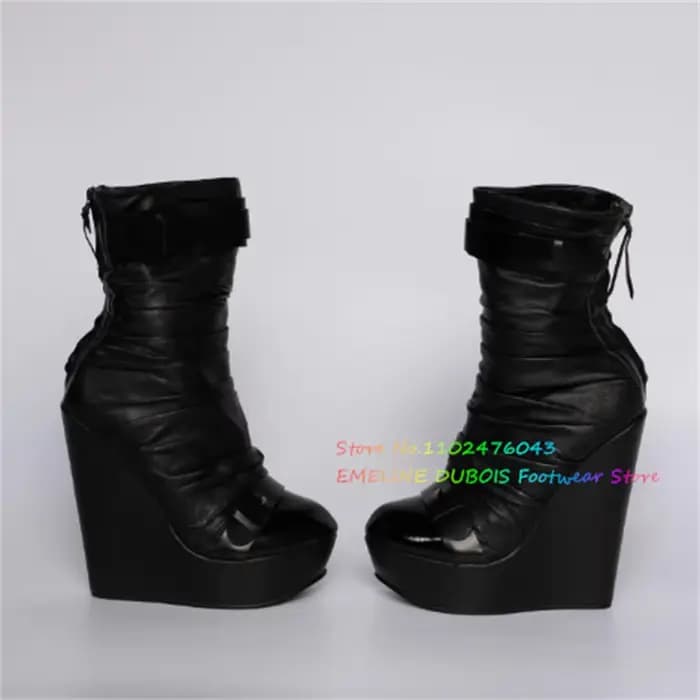 Bottines noires en cuir à talon compensé plateforme pour femme, bout rond, boucle plissée, bride de
