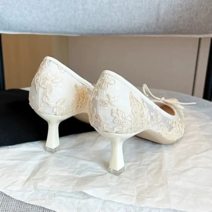 Escarpins Femme Printemps 2026 Nouveauté Dentelle Bout Pointu Nœud Maille Talon Fin Bouche Légère Couleur Unie