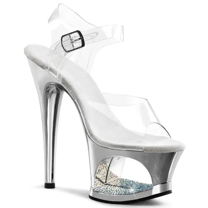 MCLUBGIRL Sandales à talons aiguilles de 17 cm de haut pour femme – Chaussures creuses galvanisées incrustées de