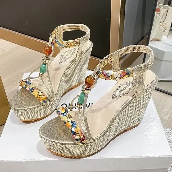 Sandales à talon compensé élastique grande taille pour femme, style ethnique, nouvelle collection printemps-été