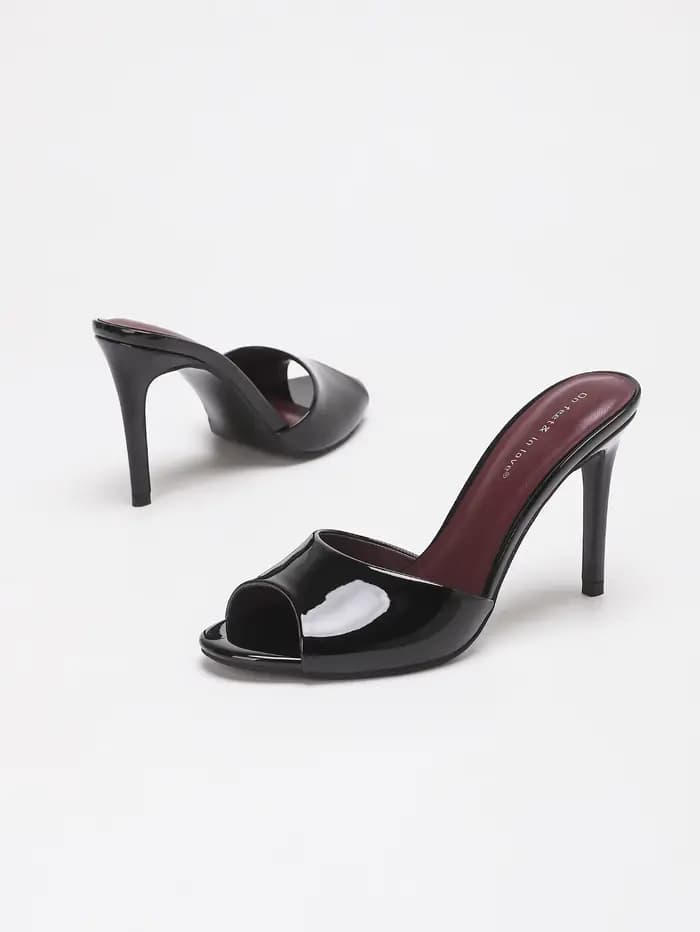 Sandales mules à talon aiguille en cuir PU verni brillant pour femme, à bout ouvert, à enfiler, pour soirée
