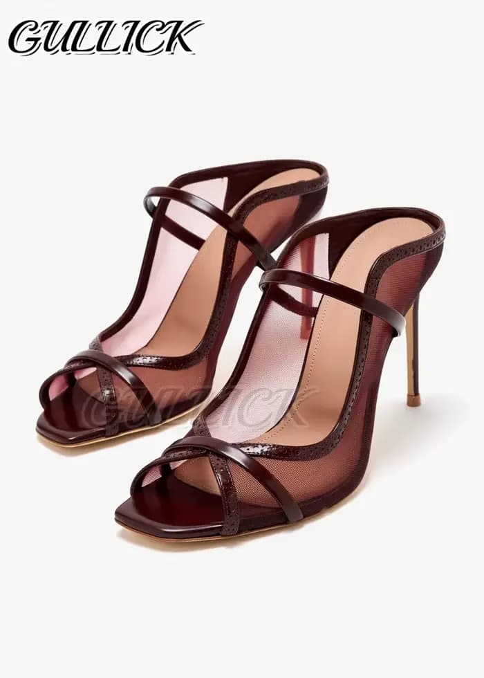 Sandales mules rouge bordeaux, bout ouvert, talons hauts, chaussures à Double lanières, chaussures à