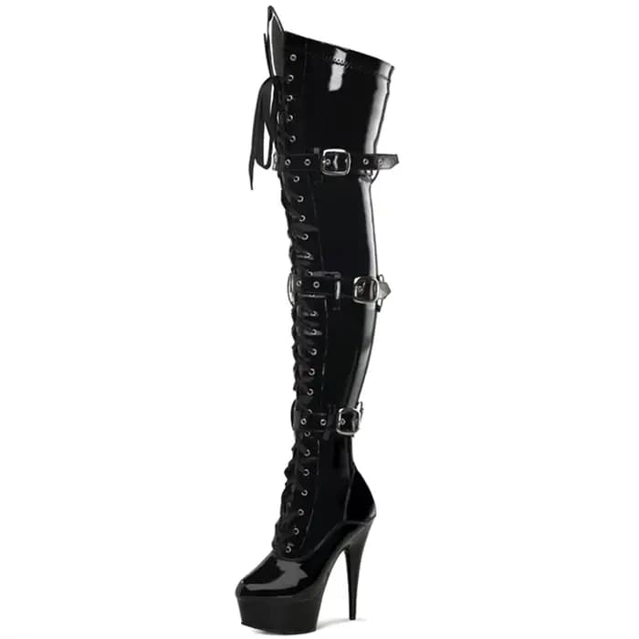 Bottines sexy en cuir verni noir, à hauteur de cuisse, avec fermeture éclair latérale, talons hauts