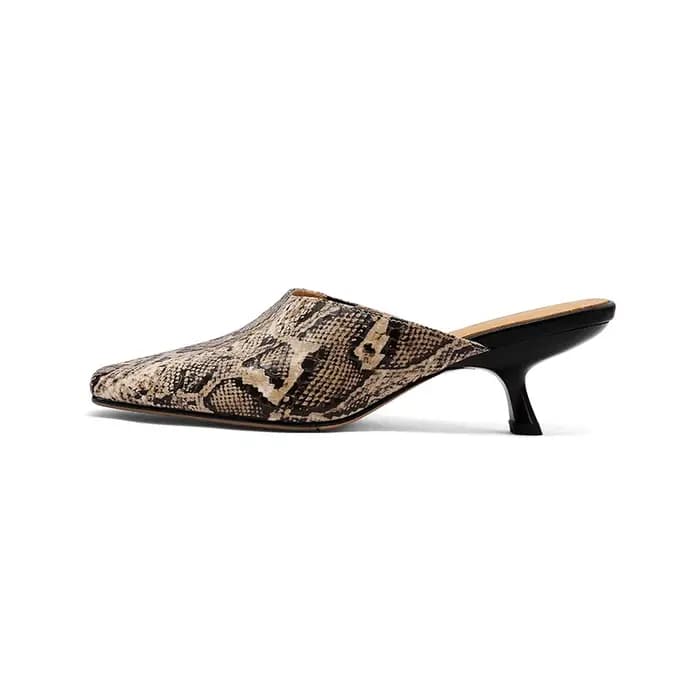 Nouvelle Tendance Été Mules Femme en Cuir Fendu Sexy Motif Serpent Jaune Bleu Beige à Talon Sabot et Bout Fermé