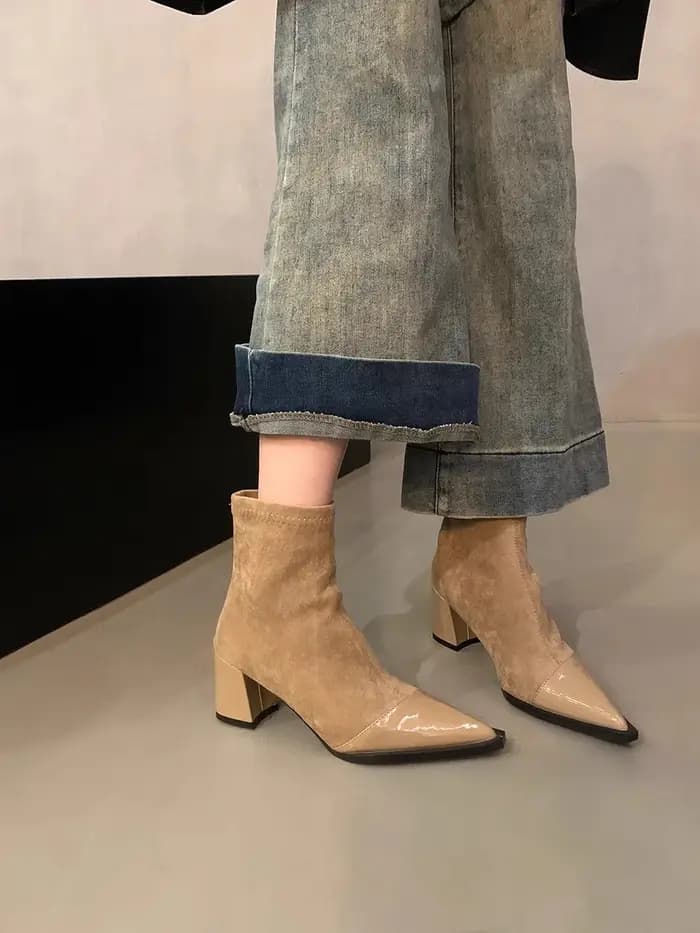 Bottines marron à bout pointu et talons épais pour femme, chaussures fines, élégantes, pour fête, strip-teaseuse, automne et printemps