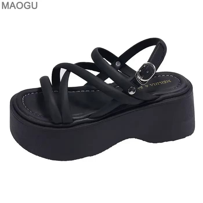 Sandales compensées noires femmes plate-forme chaussures ceinture noire talons hauts gladiateur talon épais été