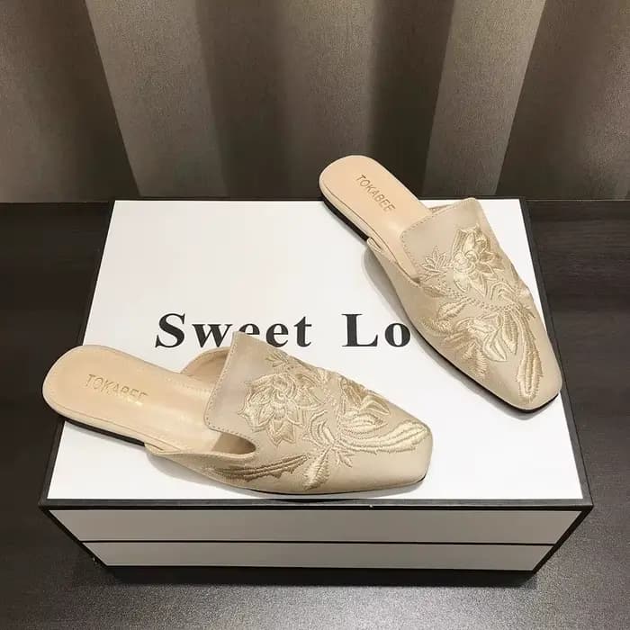 Mules pour femmes pantoufles chaussures d'été appartements rétro style chinois fleurs robe élégante