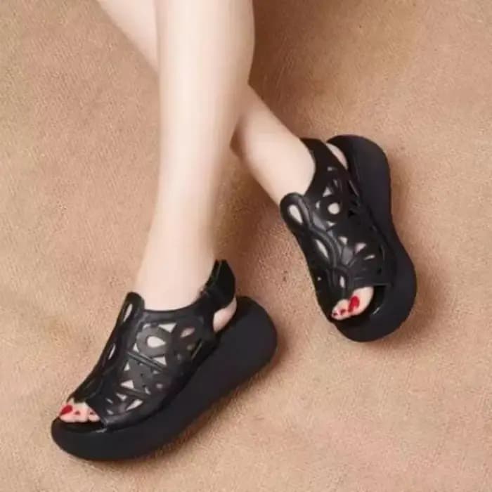 Sandales d'été en cuir PU véritable pour femmes, chaussures à talons hauts, plateforme creuse, bout