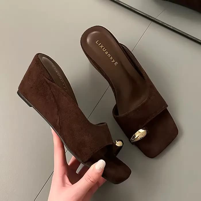 Sandales compensées pour femmes à talons hauts, à bout carré et à pince, style mules, nouvelle colle