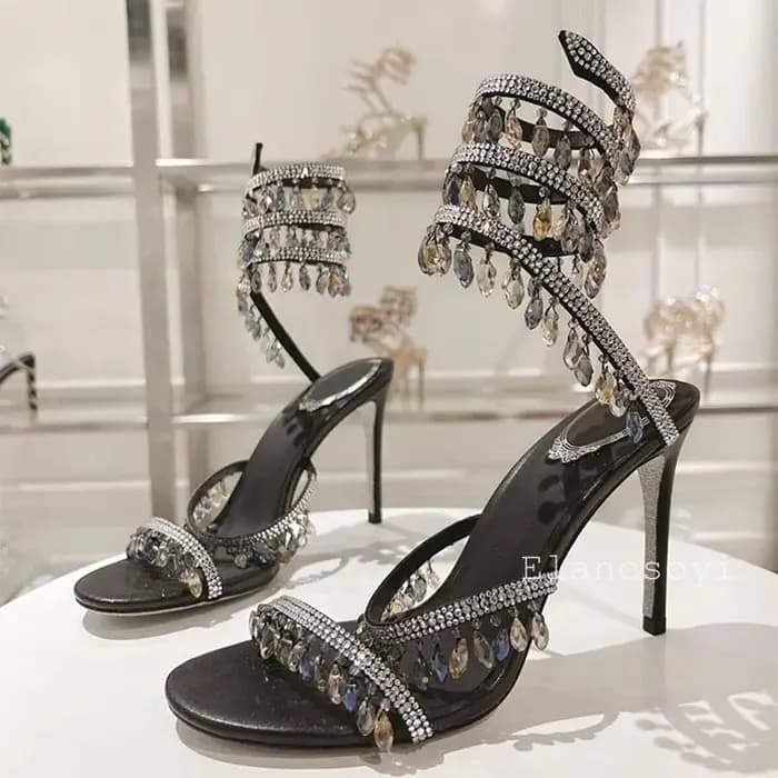 Mode talons hauts sandales femmes cristal chaîne perle serpent en forme enroulement chaussures de mariage été