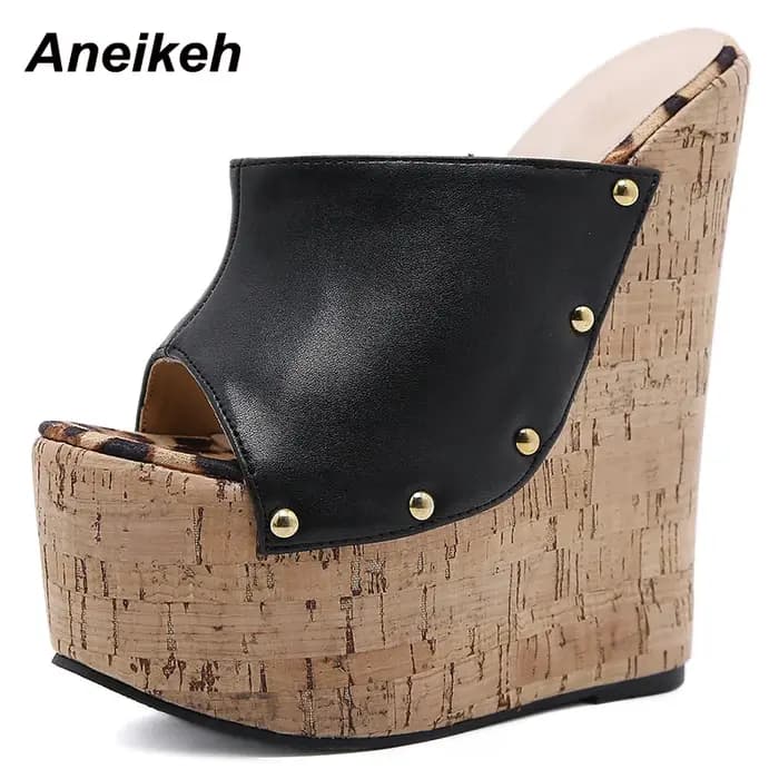 Aneikeh 2025 mode d'été sandales à bout ouvert plate-forme talons Super hauts sandales à rivets en métal à enfiler Rome fête femmes Mules noir