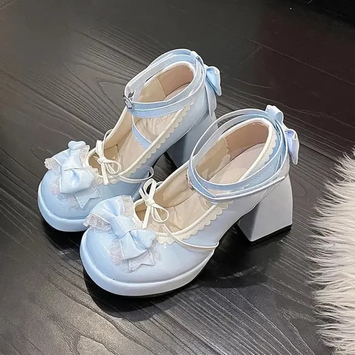Chaussures à talons hauts et épais bleus pour femmes, chaussures plates d'été à plateforme imperméable avec nœud papillon, mocassins à bout rond, doux Lolita