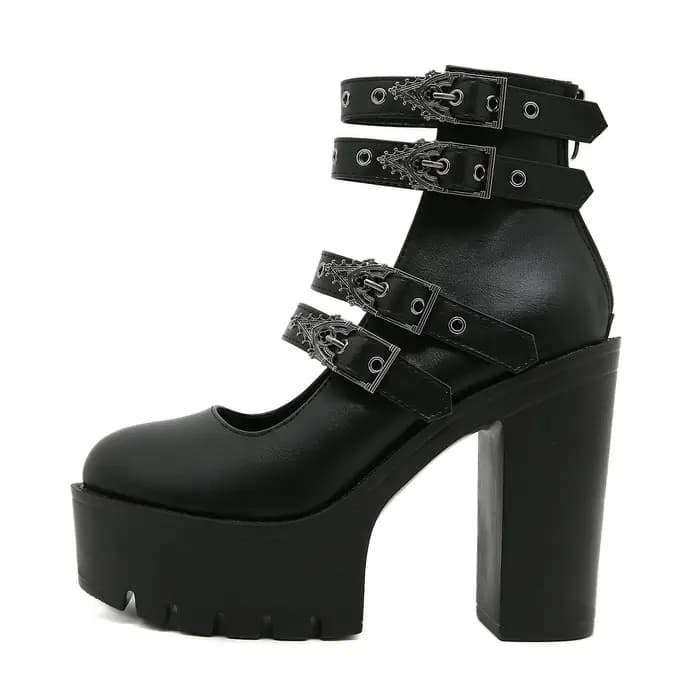 Gdgydh Style Goth femmes bloc talons pour Halloween mode boucle sangle robe pompes plate-forme Mary