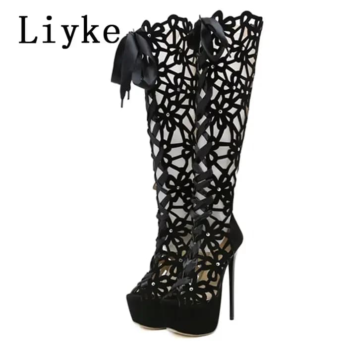 Liyke 16CM Ultra mince talons hauts Sexy discothèque évider sur les bottes au genou femmes Peep orte
