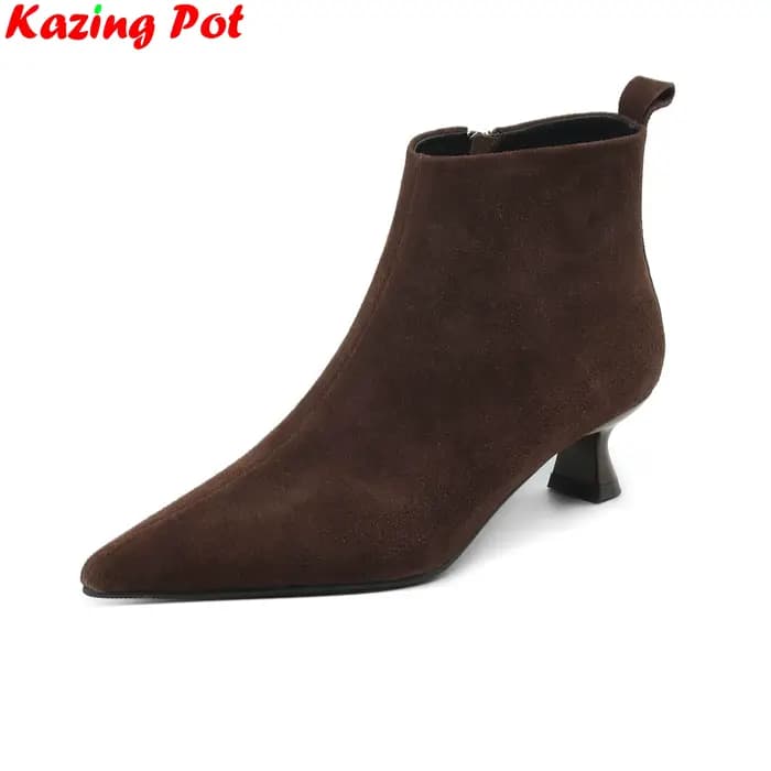 Grande taille 34-43 vache daim bout pointu fermeture éclair talons moyens rétro bottes modernes chau