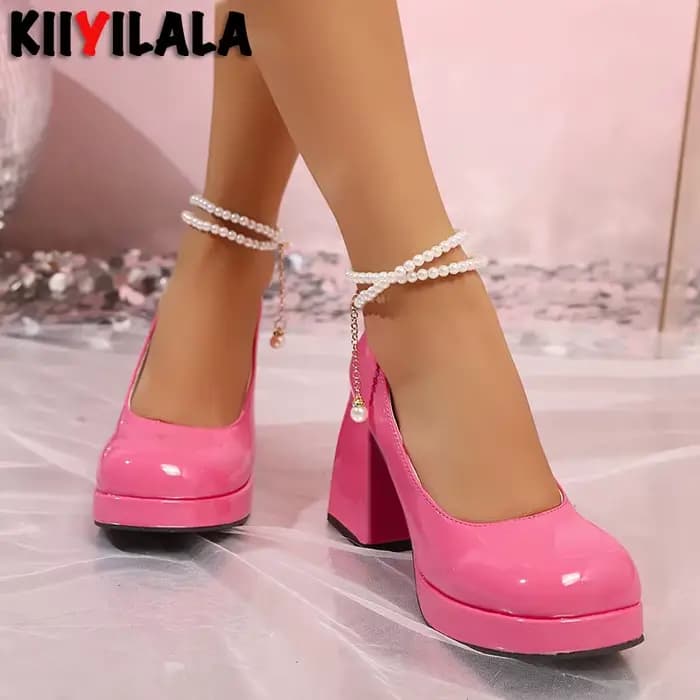 Escarpins à plateforme avec petite chaîne de perles, talons de 5.5cm, talon épais de 3.54 pouces, chaussures de danse Disco à bout pointu, talons hauts, grande taille 34-44