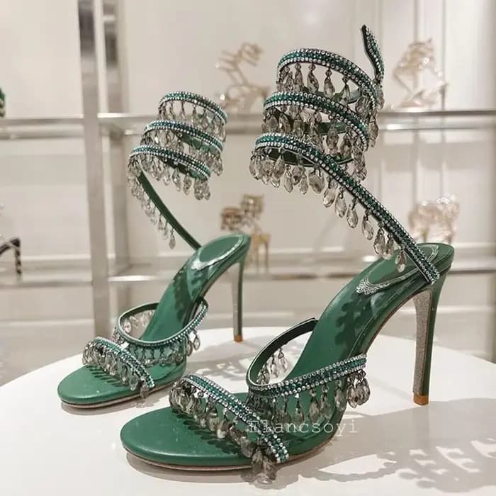 Chaussures de mariage femmes Bling cristal chaîne perle décor Sandalias serpent en forme d'enroulement mince talons