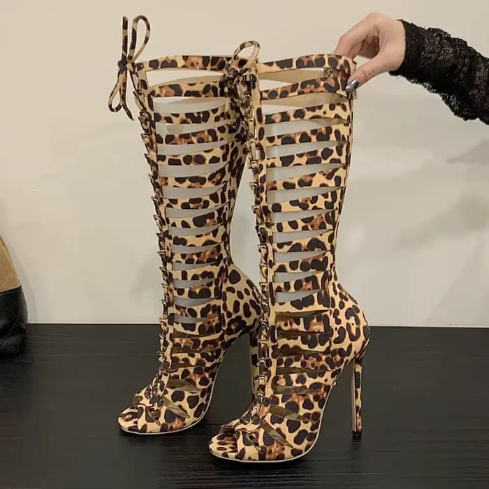 Aneikeh mode évider imprimé léopard concepteur Peep Toe femmes bottes sandales fermeture éclair minc