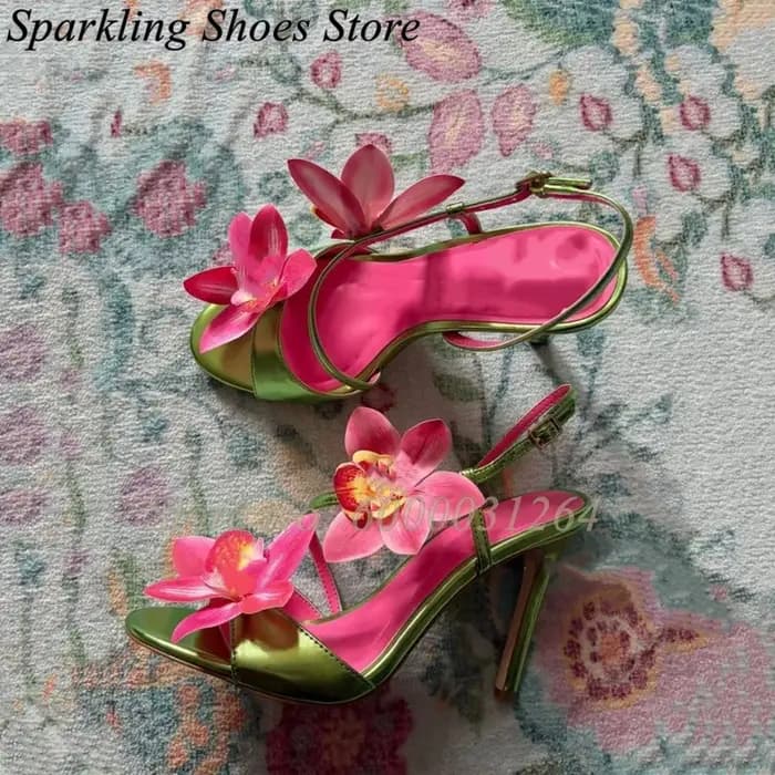 Sandales à talons hauts rose à fleurs de lys, à lanières, bout ouvert, avec boucle, pour le printemp