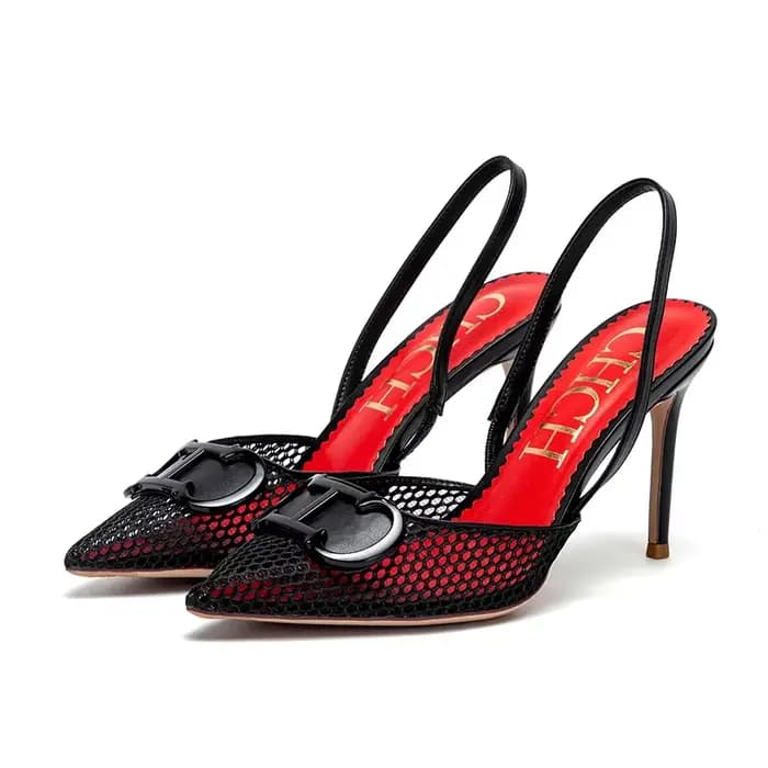 C-H – sandales d'été à talons hauts pour femmes, maille respirante, noires, pour affaires, 9cm, pour
