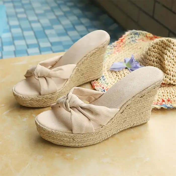 Sandales compensées espadrilles bohèmes à nœud pour femme, à bout ouvert, à enfiler, talon plateforme 10 cm, mules décontractées, chaussures de plage