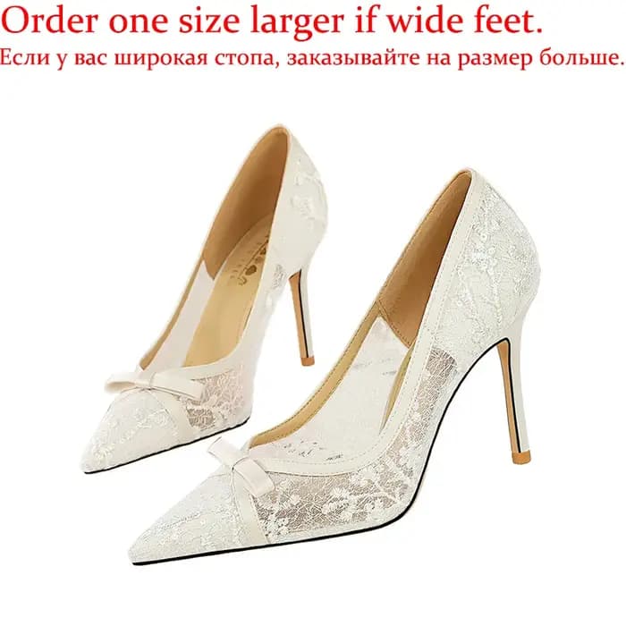 Nouvelles Escarpins Chic pour Femme en Dentelle Champagne à Talons Hauts de 9