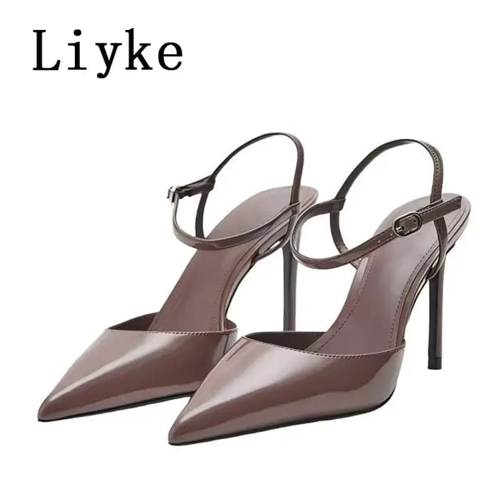 Sandales Liyke élégantes à bout pointu avec bride à boucle, talons aiguilles sexy en cuir verni marr