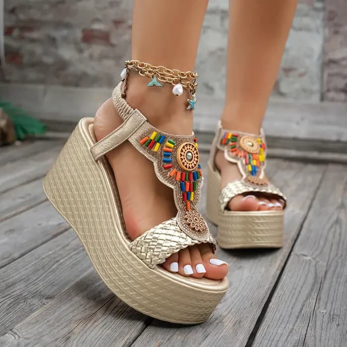 Sandales pour femmes, style bohème, sandales compensées, été, semelle épaisse, antidérapantes, chaussures de plage, sandales à plateforme chunky avec perles colorées