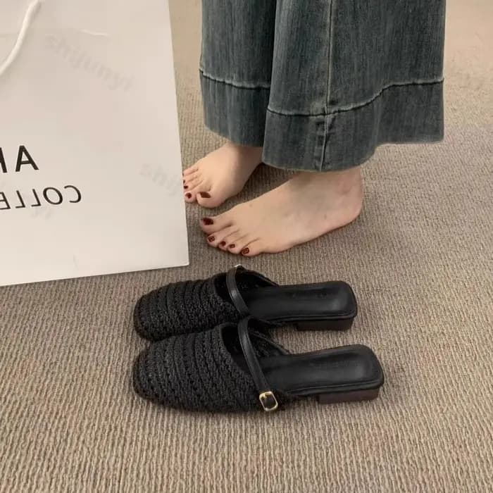2025 été talon épais mode creux femmes orteil demi pantoufles confortable en plein air plage décontracté tissé Fesign sandales à talons compensés