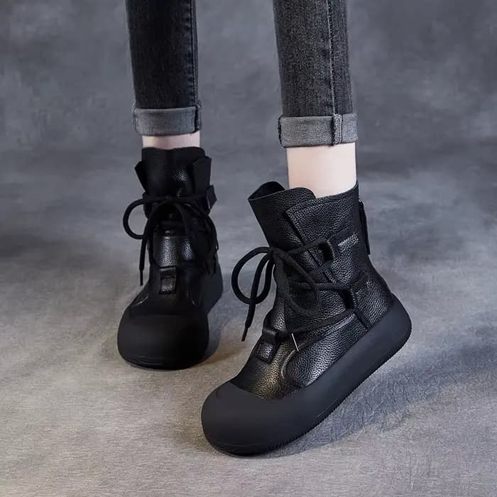 DRKANOL fait à la main rétro romain bottines pour femmes en cuir véritable grosse plate-forme dos fe