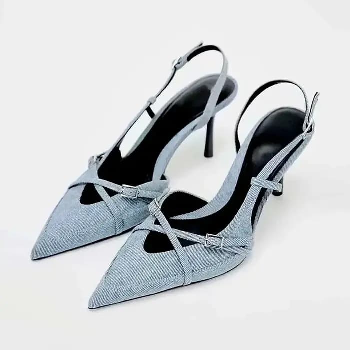 Sexy bout pointu sandales à talons hauts pour dame bleu Denim