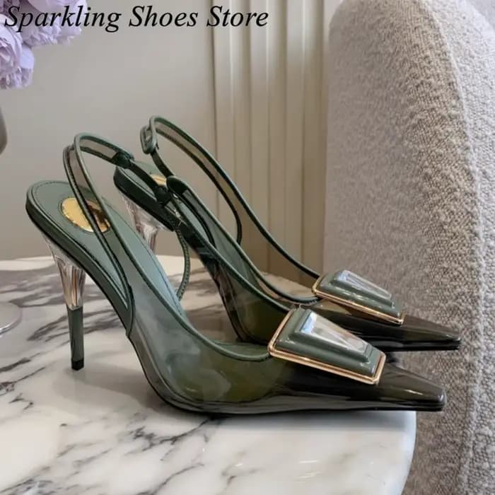 Sandales à talons transparents en PVC vert bordeaux, ornées de pierres précieuses, à bout pointu, talon bas, nouvelle collection été, chaussures modernes de créateur 2026